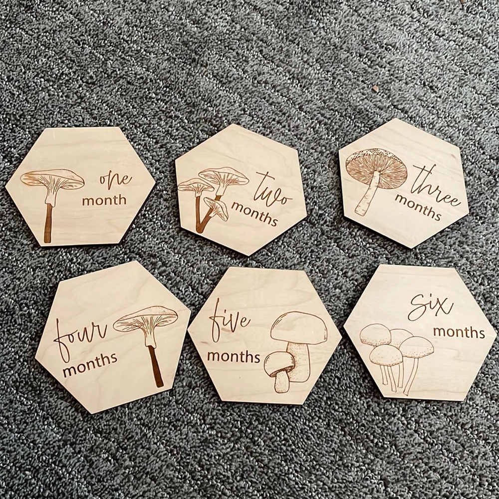 Baby first year photos! Wooden mushroom plaques